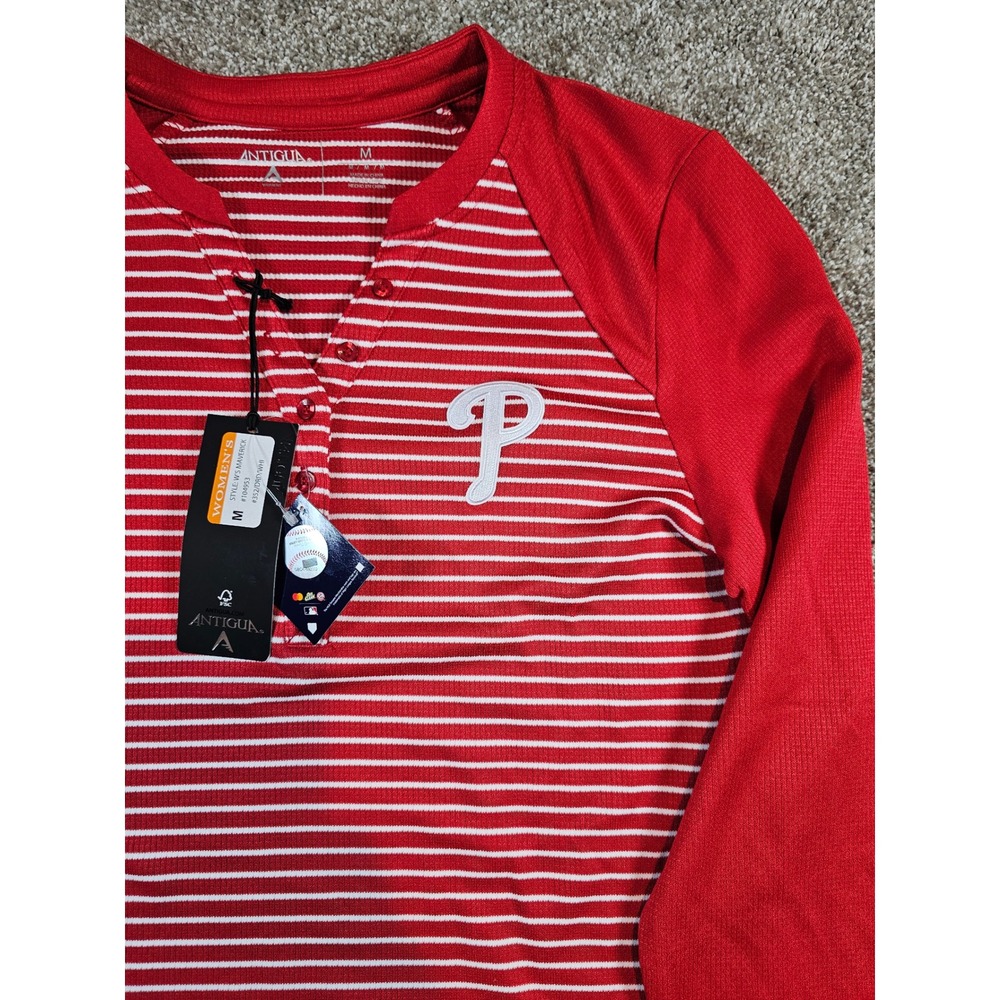Antigua Philadelphia Phillies Maverick Henley Top Red Striped Long Sleeve M - Picture 14 of 14